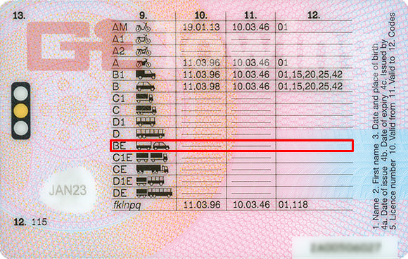 Driving License showing B+E entitlement