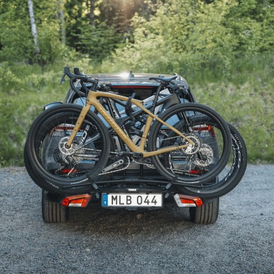 Thule Easyfold 3 2 Bike Carrier front view with 2 bikes on car on towbar