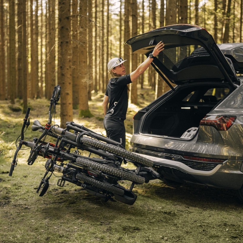 Thule Easyfold 3 2 Bike Carrier front side view with bike on carrier on car towbar tilted access tailgate