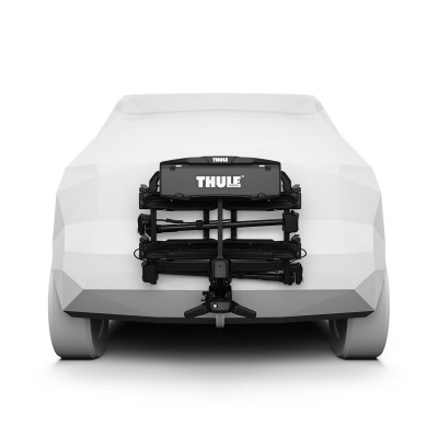 Thule Outpace 2 Bike Carrier folded in parking position on towbar front view