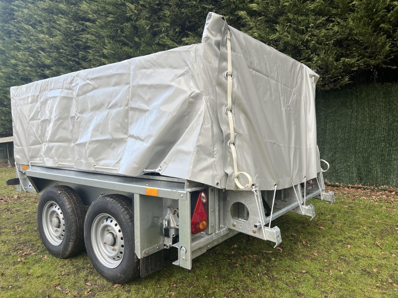 Ifor Williams GX85G grey PVC mesh side cover fitted to plant trailer Rear