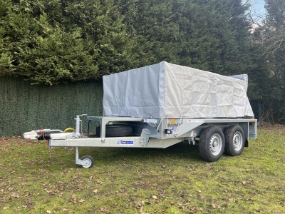 Ifor Williams GX85 ramp plant trailer with extended mesh sides and grey PVC cover