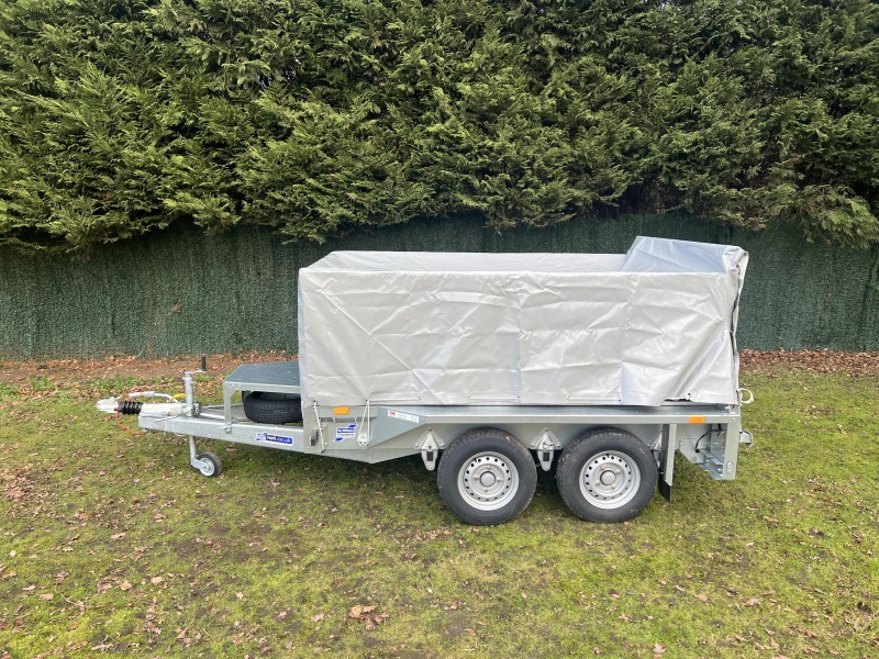 Ifor Williams GX85 ramp plant trailer with extended mesh sides and grey PVC cover