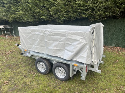 Ifor Williams GX85 ramp plant trailer with extended mesh sides and grey PVC cover