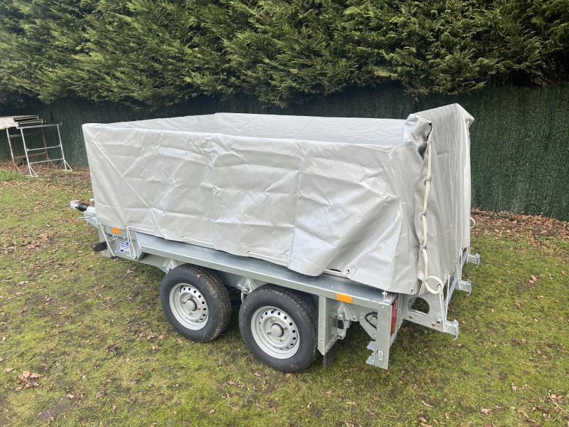 Ifor Williams GX85 ramp plant trailer with extended mesh sides and grey PVC cover
