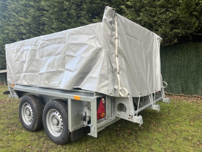 Ifor Williams GX85 ramp plant trailer with extended mesh sides and grey PVC cover