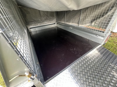 Ifor Williams GX85 ramp plant trailer with extended mesh sides and grey PVC cover