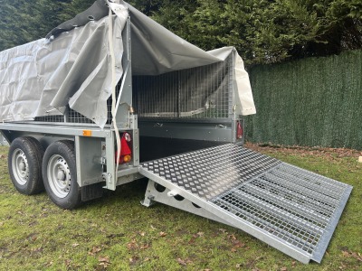 Ifor Williams GX85 ramp plant trailer with extended mesh sides and grey PVC cover