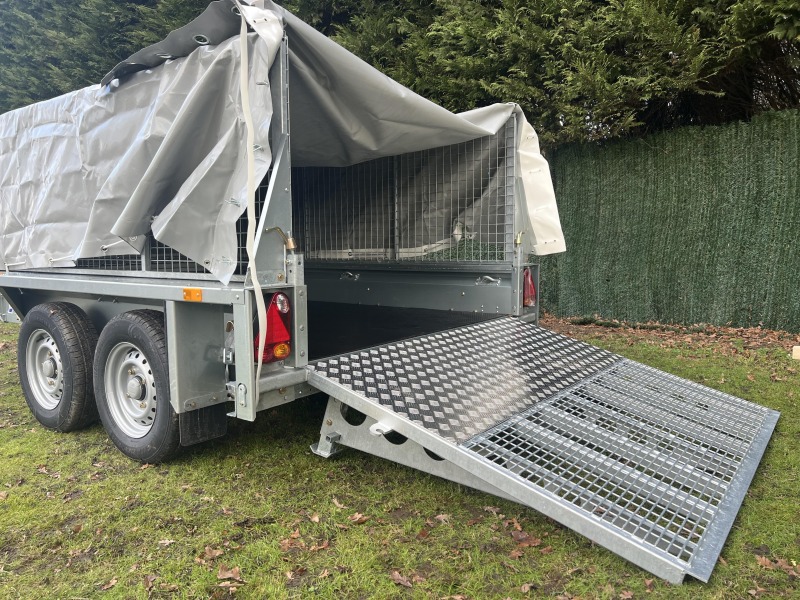 Ifor Williams GX85 ramp plant trailer with extended mesh sides and grey PVC cover