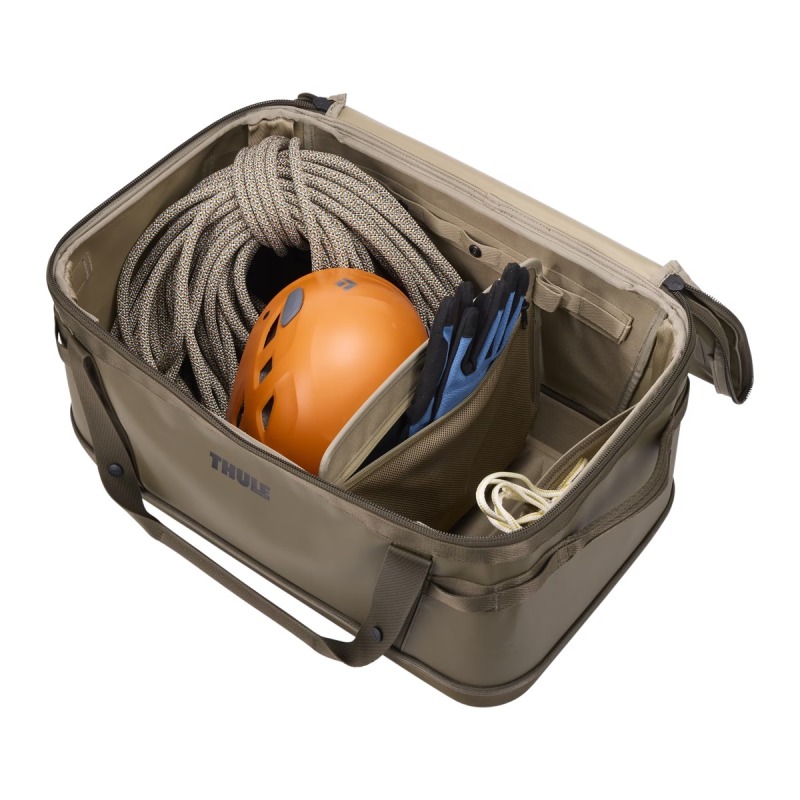 Thule Chasm Gear Hauler 55L Deep Khaki Open with stuff inside with divider