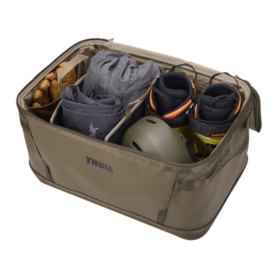 Thule Chasm Gear Hauler 80L Deep Khaki Open with stuff inside with divider