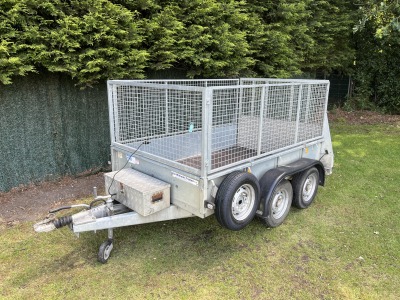 Used Ifor Williams GD85G twin axle general duty trailer with mesh sides, full-width loading ramp, spare wheel and aluminium toolbox
