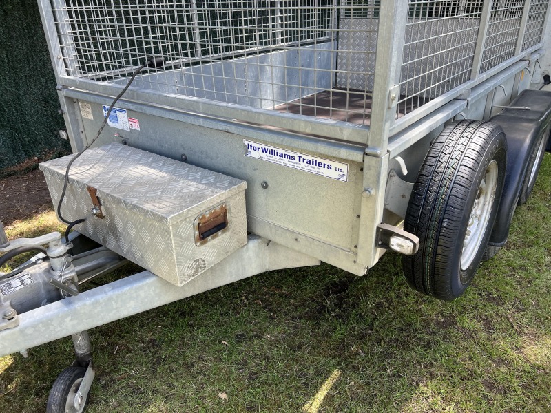Used Ifor Williams GD85G twin axle general duty trailer with mesh sides, full-width loading ramp, spare wheel and aluminium toolbox