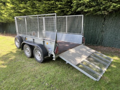 Used Ifor Williams GD85G twin axle general duty trailer with mesh sides, full-width loading ramp, spare wheel and aluminium toolbox