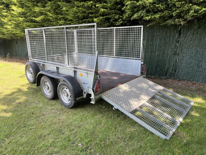 Used Ifor Williams GD85G twin axle general duty trailer with mesh sides, full-width loading ramp, spare wheel and aluminium toolbox