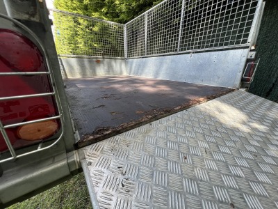 Used Ifor Williams GD85G twin axle general duty trailer with mesh sides, full-width loading ramp, spare wheel and aluminium toolbox