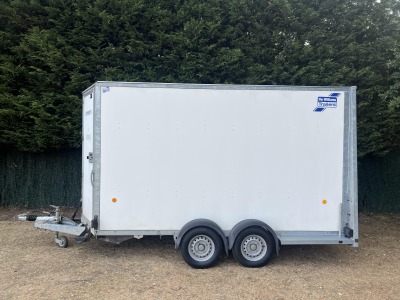 Used 2018 Ifor Williams BV125G twin axle enclosed box van trailer with internal shelving, rear barn doors and aluminium floor