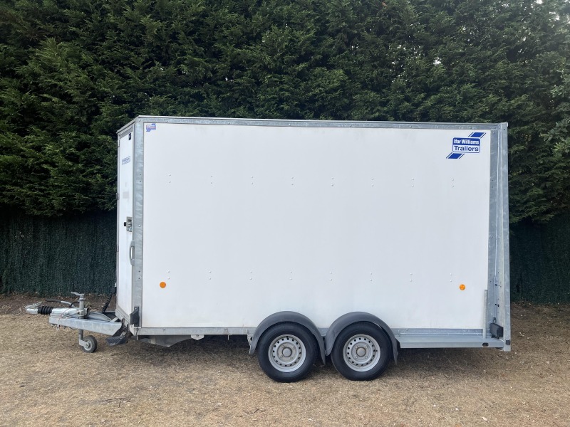 Used 2018 Ifor Williams BV125G twin axle enclosed box van trailer with internal shelving, rear barn doors and aluminium floor