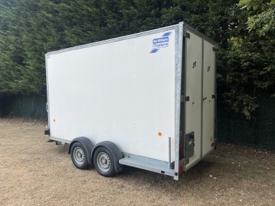 Used 2018 Ifor Williams BV125G twin axle enclosed box van trailer with internal shelving, rear barn doors and aluminium floor