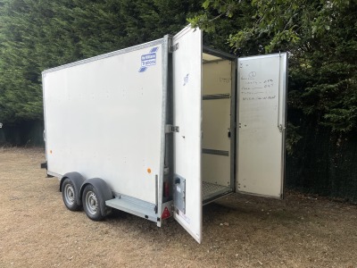 Used 2018 Ifor Williams BV125G twin axle enclosed box van trailer with internal shelving, rear barn doors and aluminium floor
