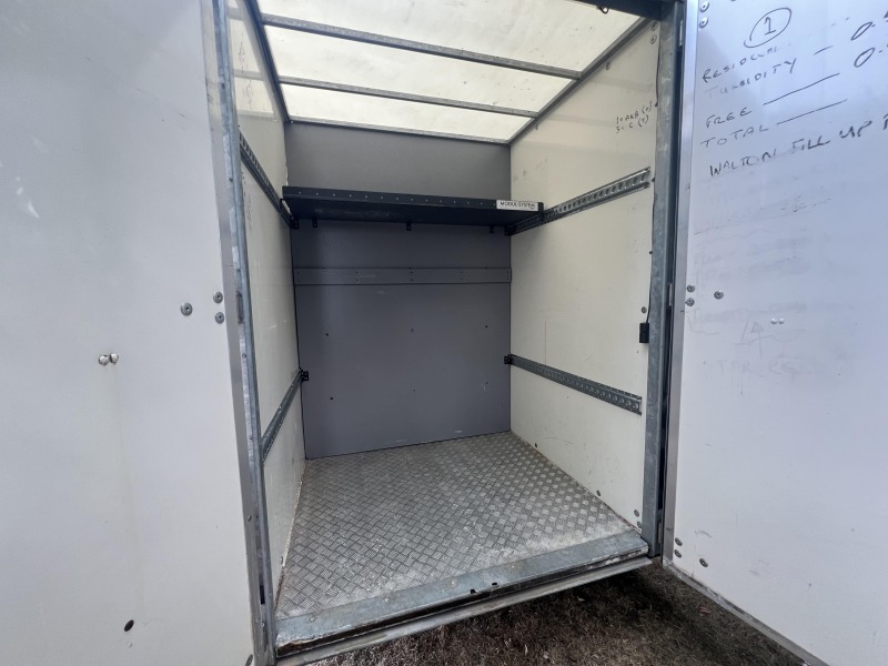 Used 2018 Ifor Williams BV125G twin axle enclosed box van trailer with internal shelving, rear barn doors and aluminium floor