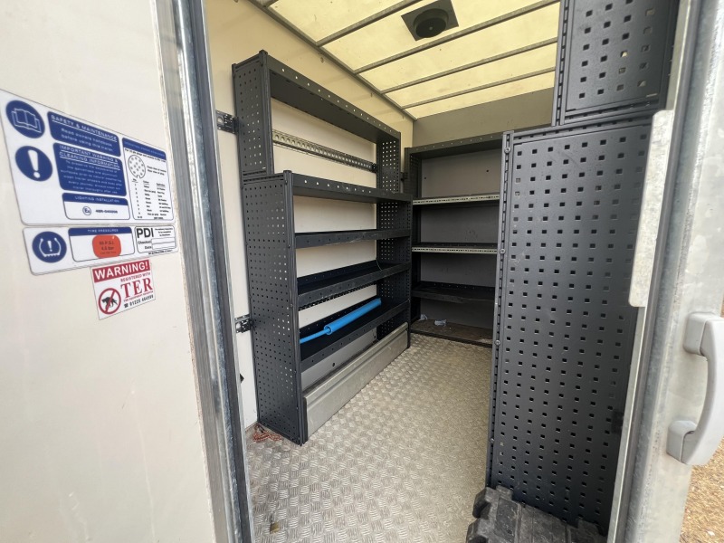 Used 2018 Ifor Williams BV125G twin axle enclosed box van trailer with internal shelving, rear barn doors and aluminium floor