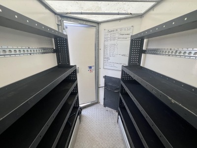 Used 2018 Ifor Williams BV125G twin axle enclosed box van trailer with internal shelving, rear barn doors and aluminium floor