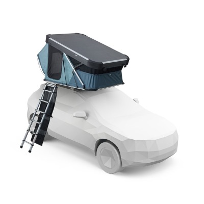 Thule Widesky roof top tent hard shell on car roof with ladder