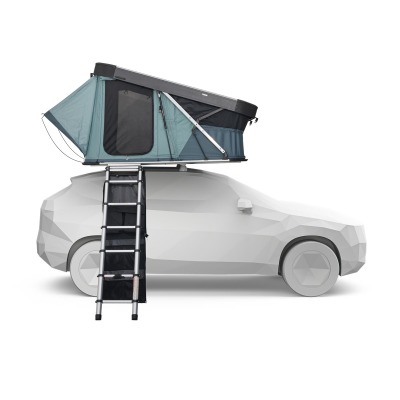 Thule Widesky roof top tent hard shell on car roof with ladder side view