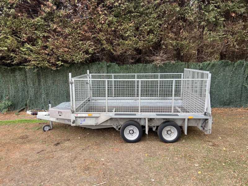 Used 2023 Ifor Williams GX106G 3500kg plant trailer with full-width loading ramp and extended mesh sides