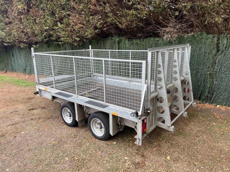 Used 2023 Ifor Williams GX106G 3500kg plant trailer with full-width loading ramp and extended mesh sides