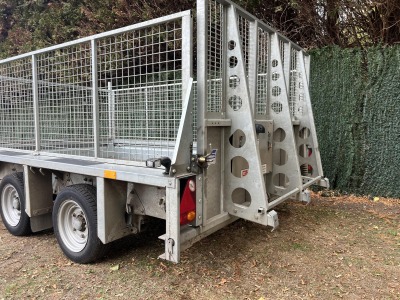 Used 2023 Ifor Williams GX106G 3500kg plant trailer with full-width loading ramp and extended mesh sides