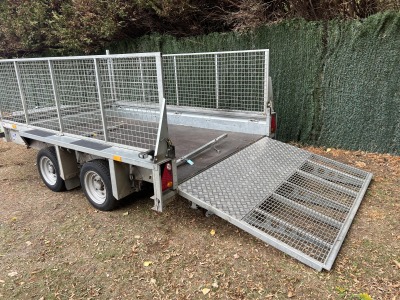 Used 2023 Ifor Williams GX106G 3500kg plant trailer with full-width loading ramp and extended mesh sides