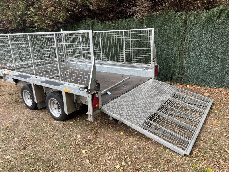 Used 2023 Ifor Williams GX106G 3500kg plant trailer with full-width loading ramp and extended mesh sides