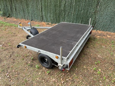 Used Leyland Leisure flatbed motorbike trailer with folding aluminium loading ramps, spare wheel and new tyres